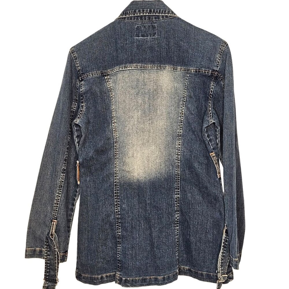 Womans distressed utility military style double breasted button up cotton denim - Picture 3 of 12